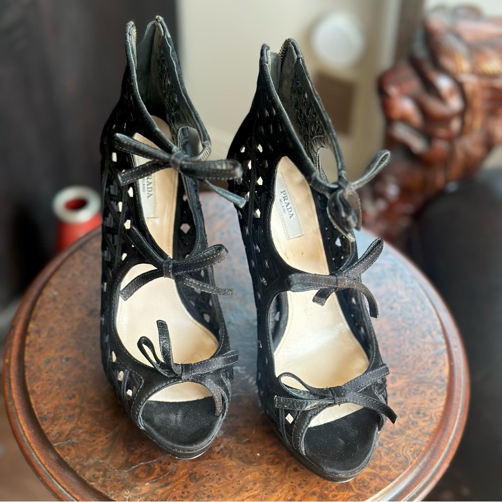 Prada Black bow accent Lace-Up Heels